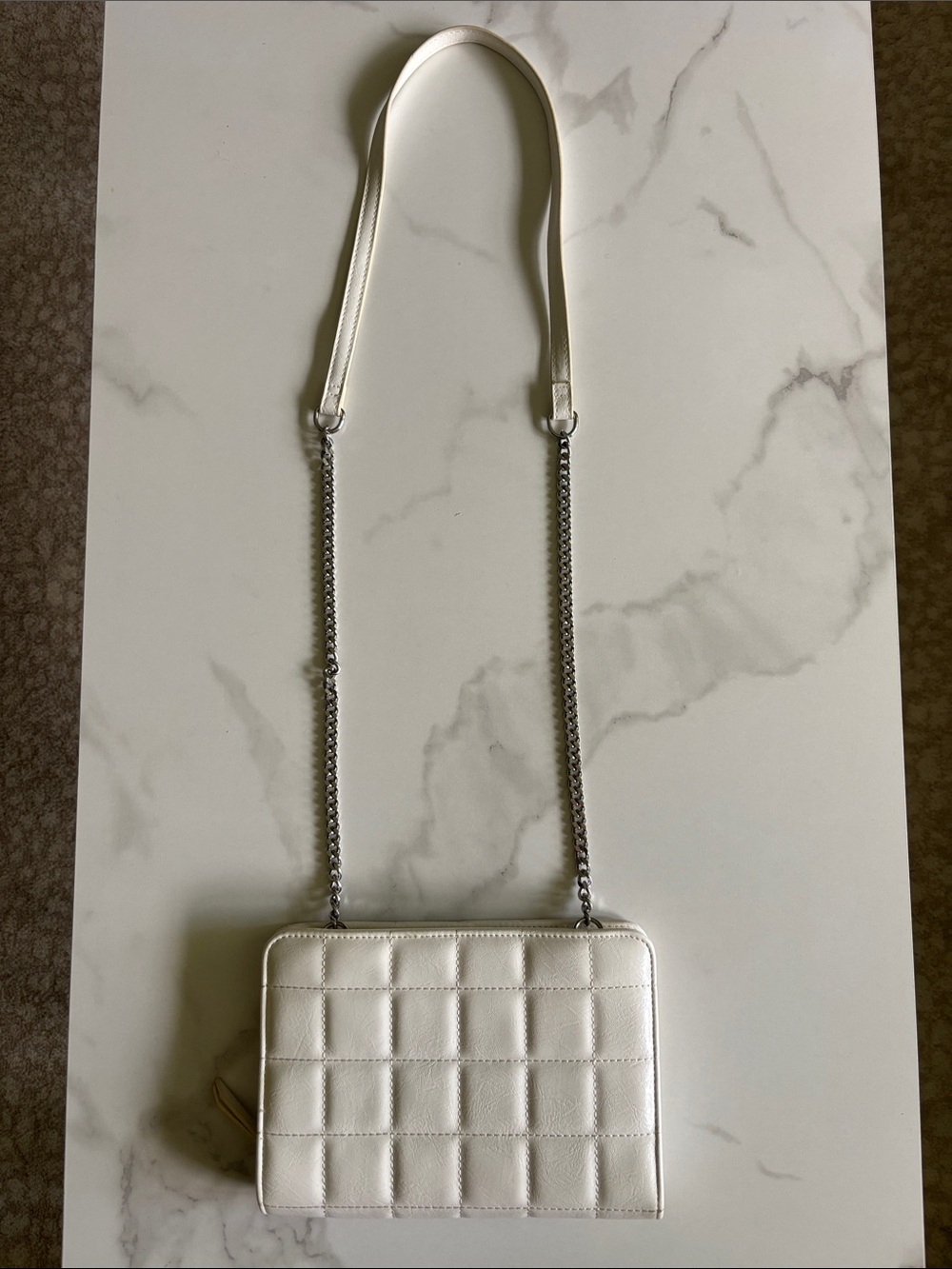 White Quilted Crossbody Bag with Silver Chain Strap
